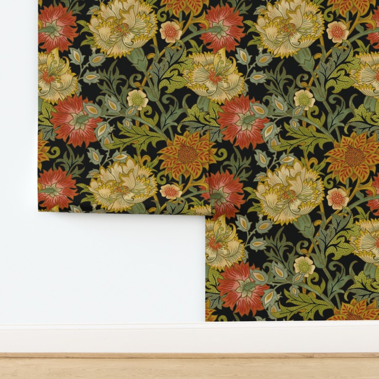 Art Nouveau Folk William Morris Arts And Crafts Black Floral Custom Removable Wallpaper by Spoonflower Peel & Stick Wallpaper 2FT Wide